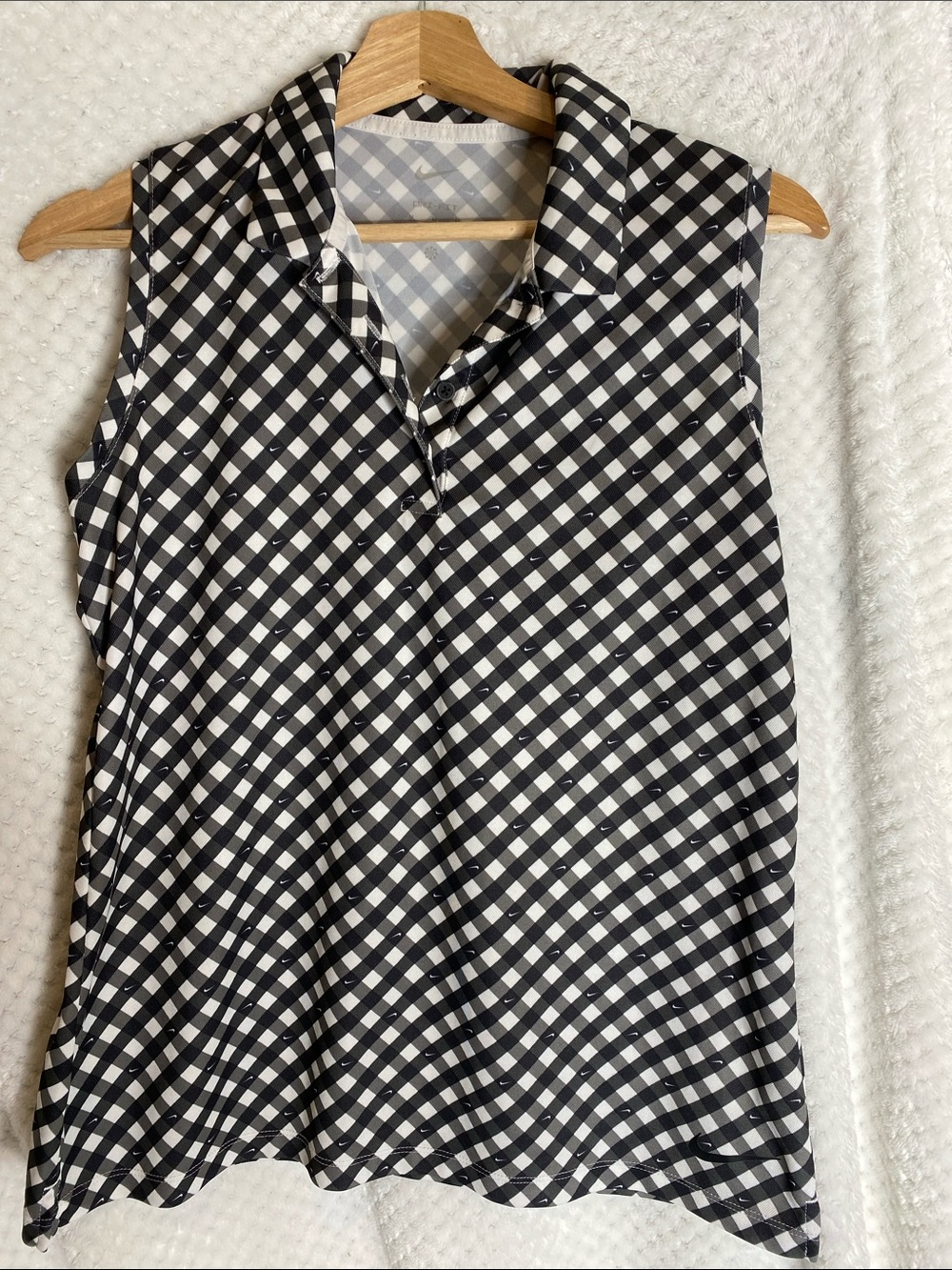 Nike Black and White Gingham Plaid Sleeveless Collared Polo Top